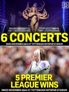 角度刁钻！在热刺主场，碧昂丝24年11月来演出6场而热刺英超赢