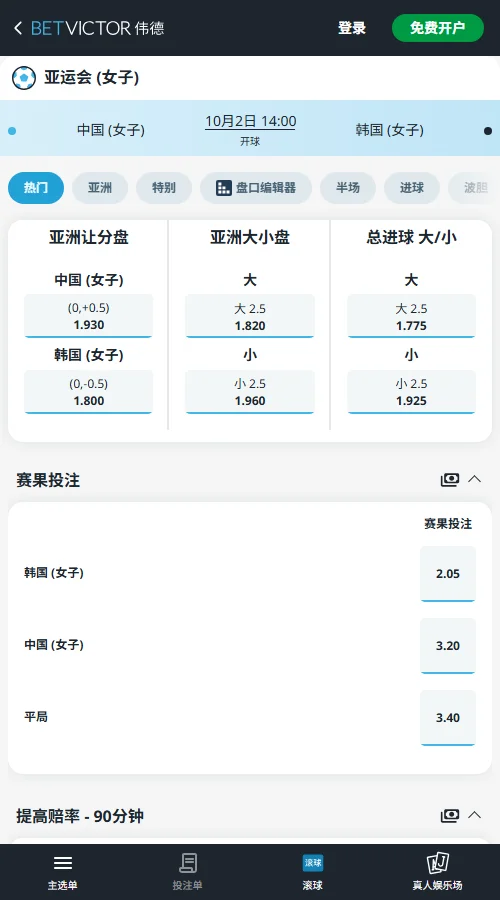 中国女足vs韩国女足，亚运会足球赔率(伟德BeVictor)