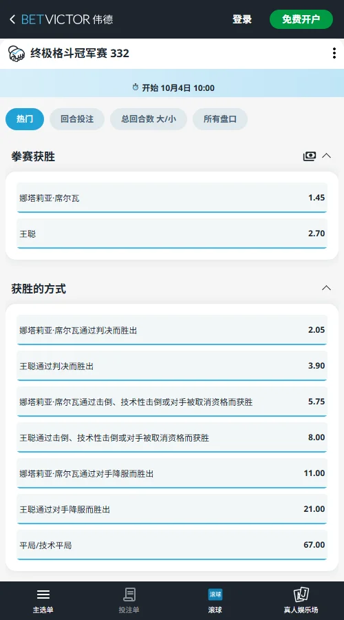 UFC332王聪v席尔瓦赔率(伟德BetVictor)