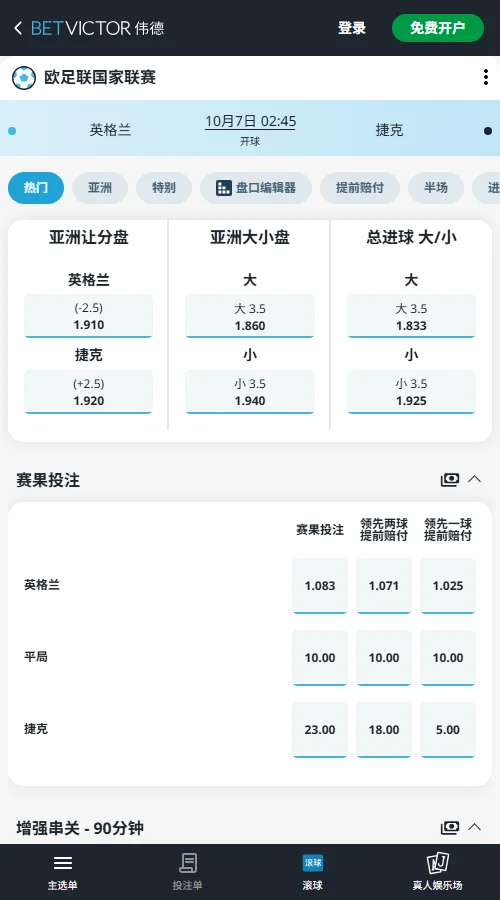 英格兰vs捷克，欧国联赔率(伟德BetVictor)