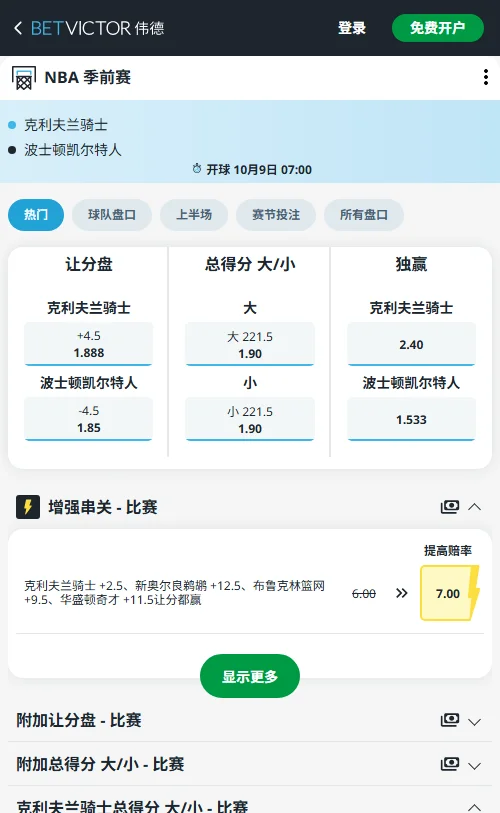 骑士vs凯尔特人-NBA季前赛绿军独赢赔率1.533(胜率61.5%),客让-5.5(赔率1.825)偏深;总分盘设为219.5(大分1.825),受让与大分更具支撑。