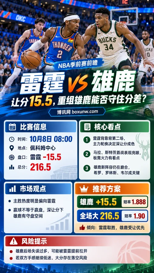 NBA季前赛雷霆对阵雄鹿海报，展示比赛时间、盘口15.5、总分216.5及雄鹿受让等核心赛前信息。